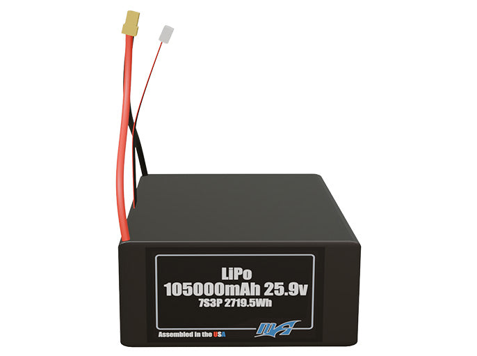 Front-facing render of the 25.9V 105000mAh 7S3P LiPo battery, assembled in the USA by maxamps, for drone and robotics applications.