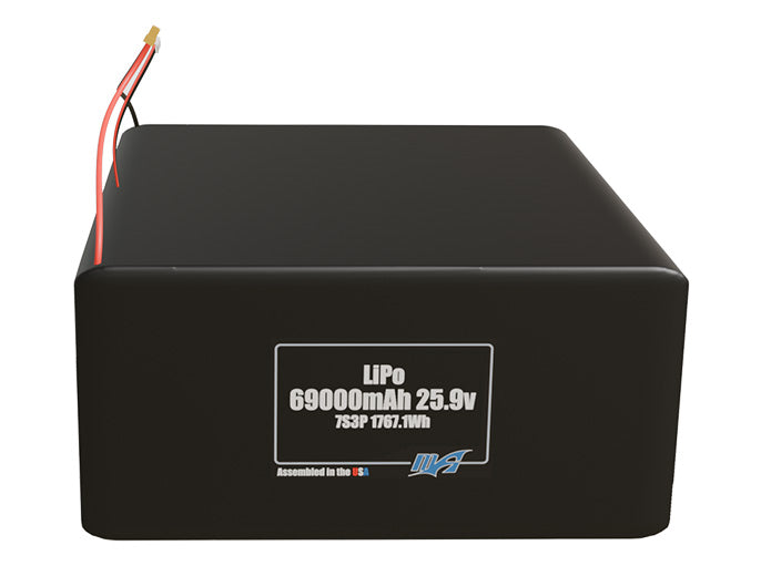 Front-facing render of the 25.9V 69000mAh 7S3P LiPo battery, assembled in the USA by maxamps, for drone and robotics applications.