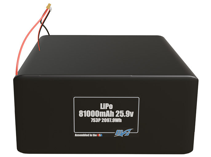 Front-facing render of the 25.9V 81000mAh 7S3P LiPo battery, assembled in the USA by maxamps, for drone and robotics applications.