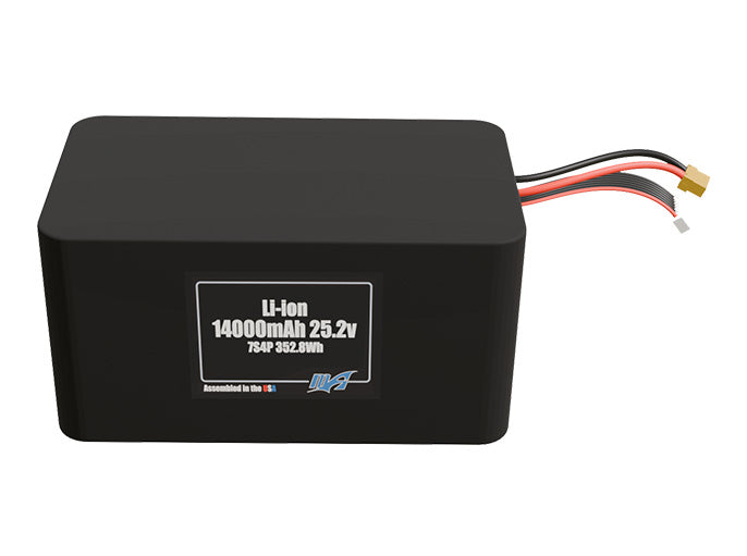 Front-facing render of the 25.2V 14000mAh 7S4P Lithium-Ion battery, assembled in the USA by maxamps, for drone and robotics applications.