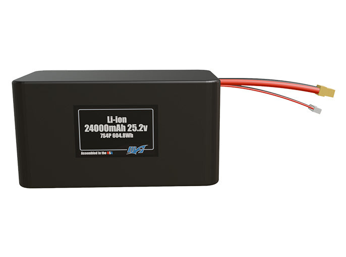 Front-facing render of the 25.2V 24000mAh 7S4P Lithium-Ion battery, assembled in the USA by maxamps, for drone and robotics applications.