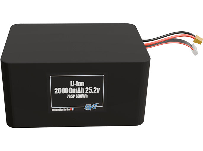 Front-facing render of the 25.2V 25000mAh 7S5P Lithium-Ion battery, assembled in the USA by maxamps, for drone and robotics applications.