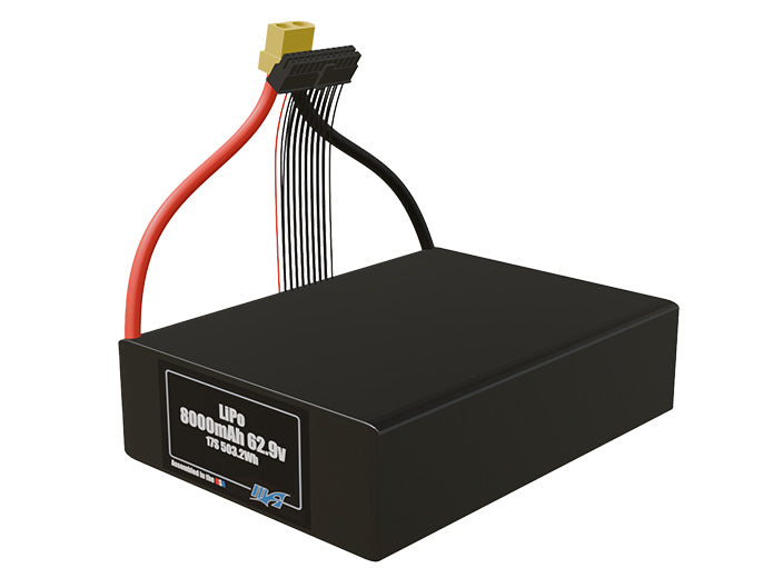 Angled product render of the 8000mAh 17-cell Lithium-ion pack. A lightweight energy source for UAV, drone, and robotic builds.