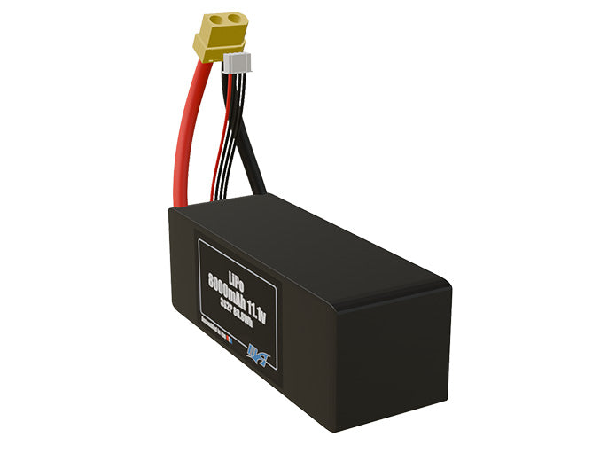 Angled product render of the 8000mAh six-cell LiPo pack. A lightweight energy source for UAV, drone, and robotic builds.