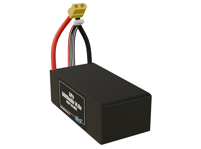Angled product render of the 8000mAh eight-cell LiPo pack. A lightweight energy source for UAV, drone, and robotic builds.