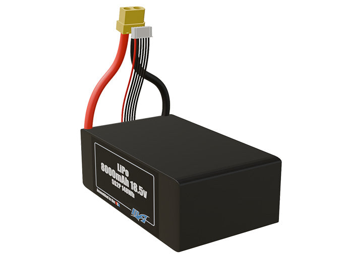 Angled product render of the 8000mAh ten-cell LiPo pack. A lightweight energy source for UAV, drone, and robotic builds.