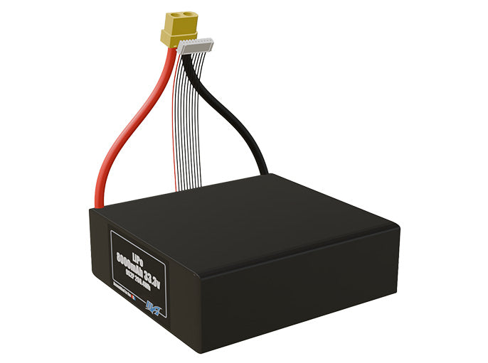 Angled product render of the 8000mAh eighteen-cell LiPo pack. A lightweight energy source for UAV, drone, and robotic builds.