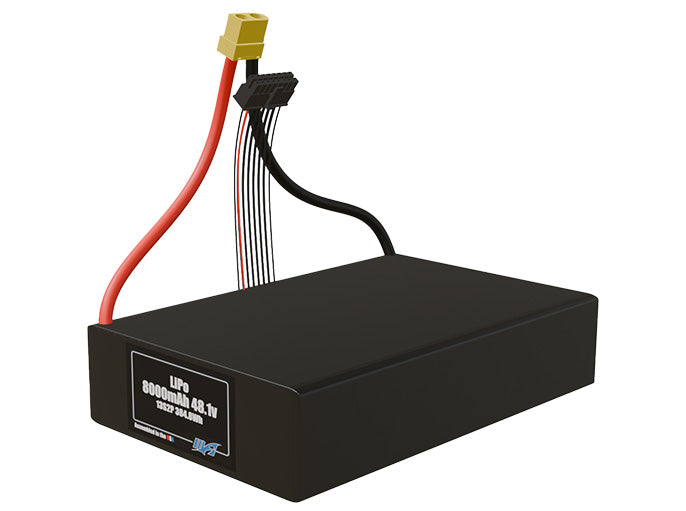 Angled product render of the 8000mAh twenty-six-cell LiPo pack. A lightweight energy source for UAV, drone, and robotic builds.