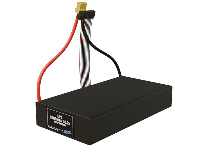 Angled product render of the 8000mAh thirty-two-cell LiPo pack. A lightweight energy source for UAV, drone, and robotic builds.