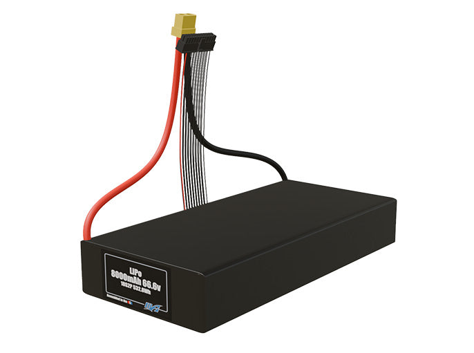 Angled product render of the 8000mAh thirty-six-cell LiPo pack. A lightweight energy source for UAV, drone, and robotic builds.