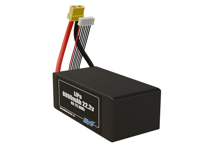 Angled product render of the 8000mAh lite six-cell LiPo pack. A lightweight energy source for UAV, drone, and robotic builds.