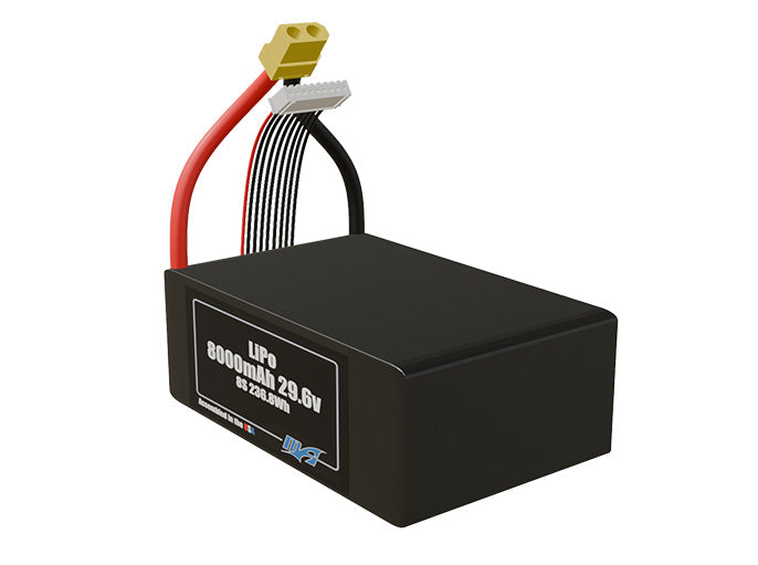 Angled product render of the 8000mAh lite eight-cell LiPo pack. A lightweight energy source for UAV, drone, and robotic builds.