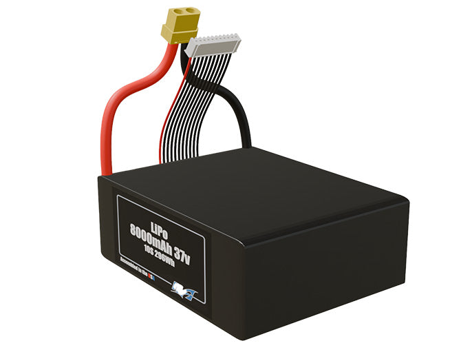 Angled product render of the 8000mAh lite ten-cell LiPo pack. A lightweight energy source for UAV, drone, and robotic builds.