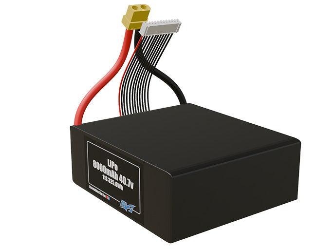 Angled product render of the 8000mAh lite eleven-cell LiPo pack. A lightweight energy source for UAV, drone, and robotic builds.