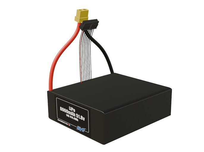 Angled product render of the 8000mAh lite fourteen-cell LiPo pack. A lightweight energy source for UAV, drone, and robotic builds.