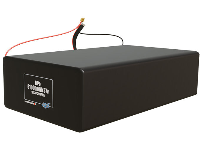 Angled product render of the 81000mAh 30-cell LiPo pack. A lightweight energy source for UAV, drone, and robotic builds.