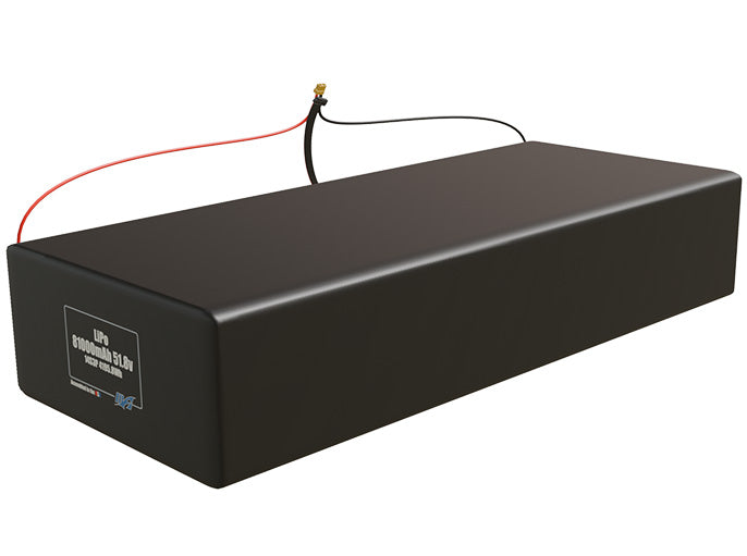 Angled product render of the 81000mAh 42-cell LiPo pack. A lightweight energy source for UAV, drone, and robotic builds.