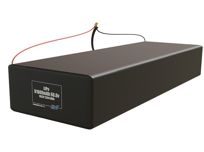Angled product render of the 81000mAh 54-cell LiPo pack. A lightweight energy source for UAV, drone, and robotic builds.