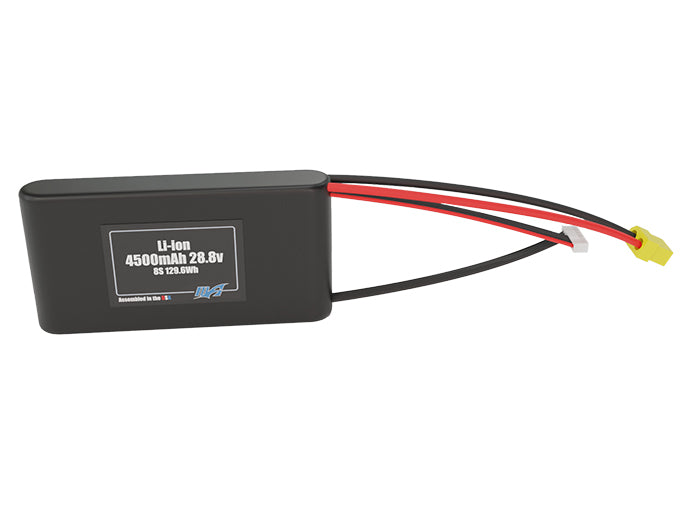 Front-facing render of the 28.8V 4500mAh 8S Li-ion battery, assembled in the USA by maxamps, for drone and robotics applications.