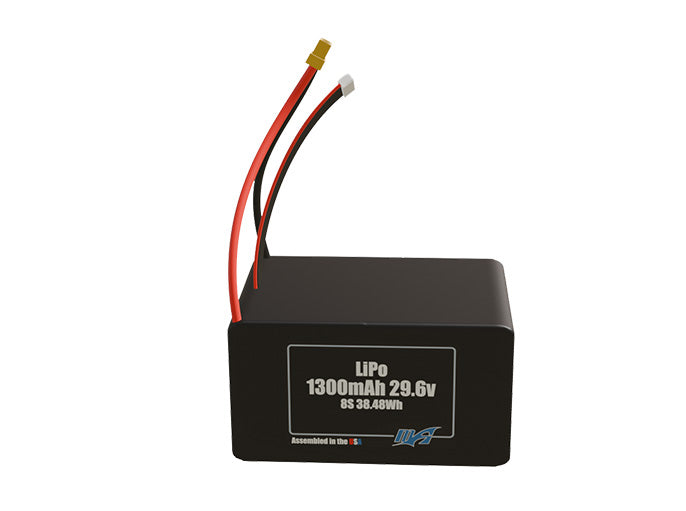 Front-facing render of the 29.6V 1300mAh 8S LiPo battery, assembled in the USA by maxamps, for drone and robotics applications.