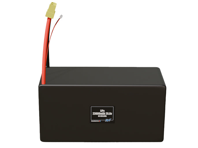 Front-facing render of the 29.6V 23000mAh 8S LiPo battery, assembled in the USA by maxamps, for drone and robotics applications.