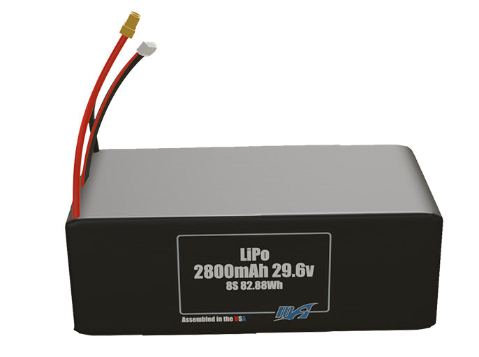 Front-facing render of the 29.6V 2800mAh 8S LiPo battery, assembled in the USA by maxamps, for drone and robotics applications.