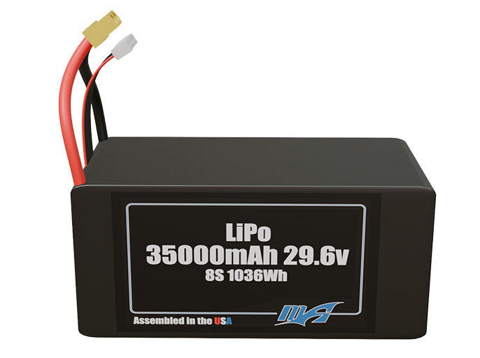Front-facing render of the 29.6V 35000mAh 8S LiPo battery, assembled in the USA by maxamps, for drone and robotics applications.