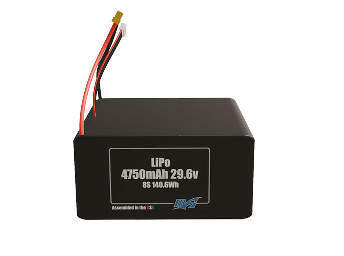 Front-facing render of the 29.6V 4750mAh 8S LiPo battery, assembled in the USA by maxamps, for drone and robotics applications.