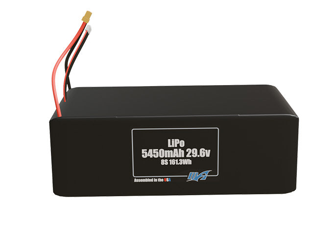 Front-facing render of the 29.6V 5450mAh 8S LiPo battery, assembled in the USA by maxamps, for drone and robotics applications.