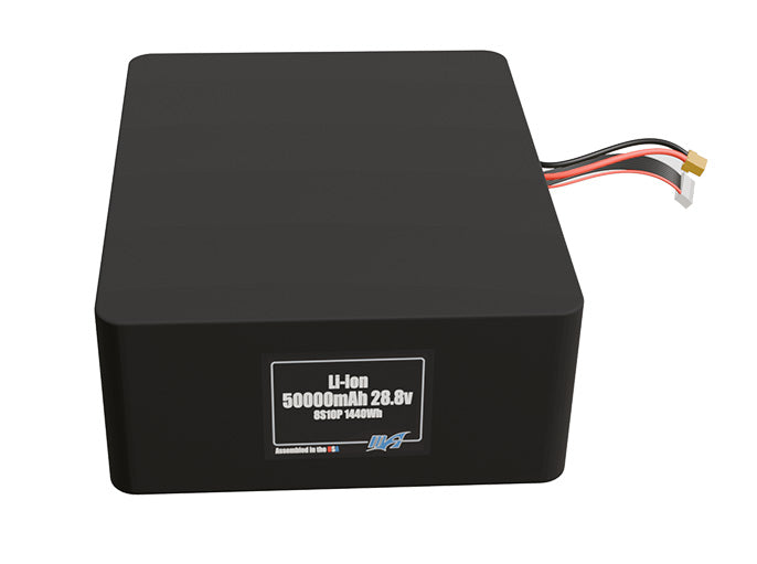 Front-facing render of the 28.8V 50000mAh 8S10P Lithium-Ion battery, assembled in the USA by maxamps, for drone and robotics applications.