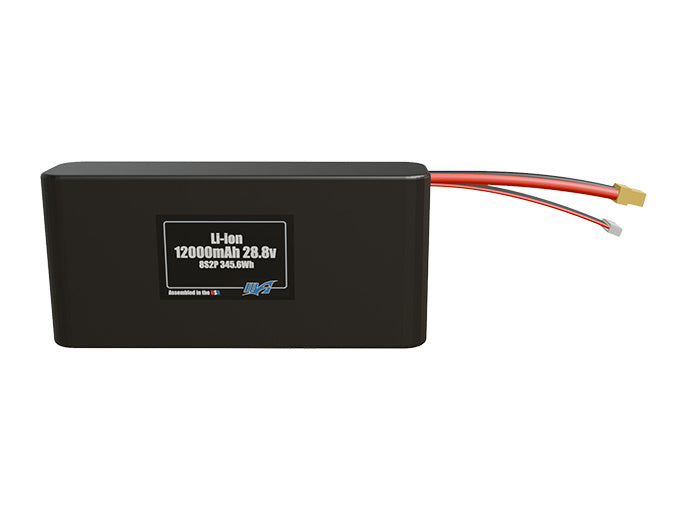 Front-facing render of the 28.8V 12000mAh 8S2P Li-ion battery, assembled in the USA by maxamps, for drone and robotics applications.