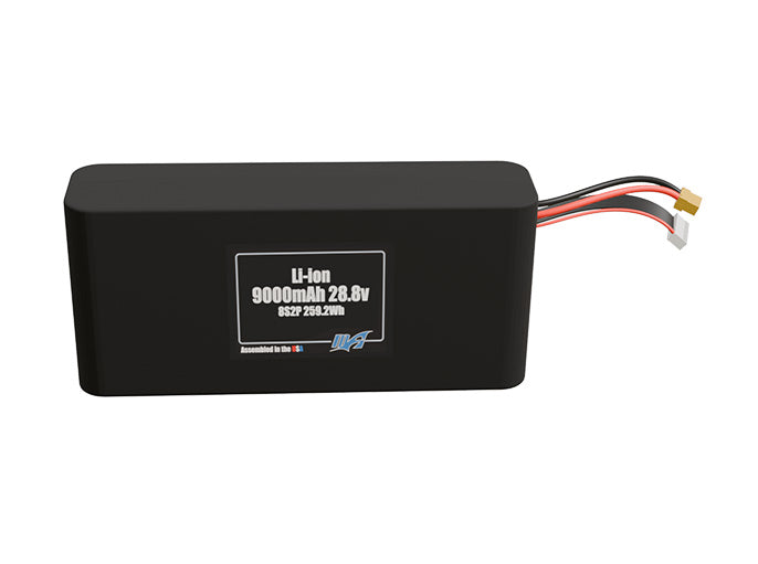 Front-facing render of the 28.8V 9000mAh 8S2P Li-ion battery, assembled in the USA by maxamps, for drone and robotics applications.