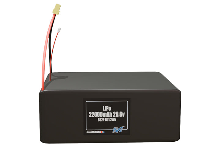 Front-facing render of the 29.6V 22000mAh 8S2P LiPo battery, assembled in the USA by maxamps, for drone and robotics applications.