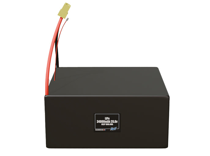 Front-facing render of the 29.6V 34000mAh 8S2P LiPo battery, assembled in the USA by maxamps, for drone and robotics applications.