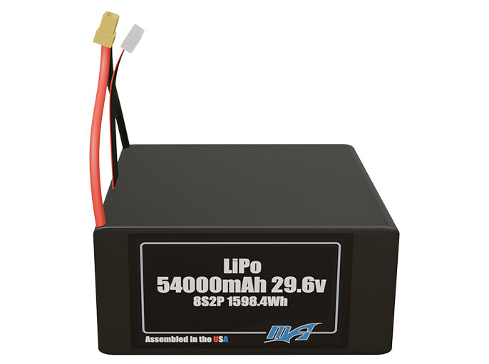 Front-facing render of the 29.6V 54000mAh 8S2P LiPo battery, assembled in the USA by maxamps, for drone and robotics applications.