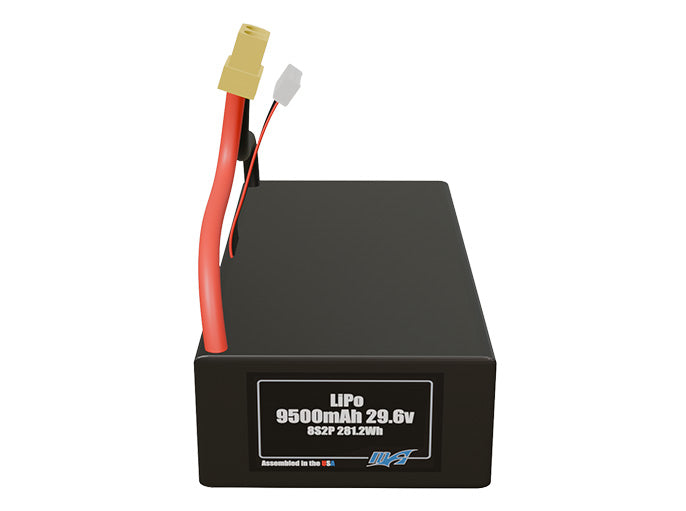 Front-facing render of the 29.6V 9500mAh 8S2P LiPo battery, assembled in the USA by maxamps, for drone and robotics applications.