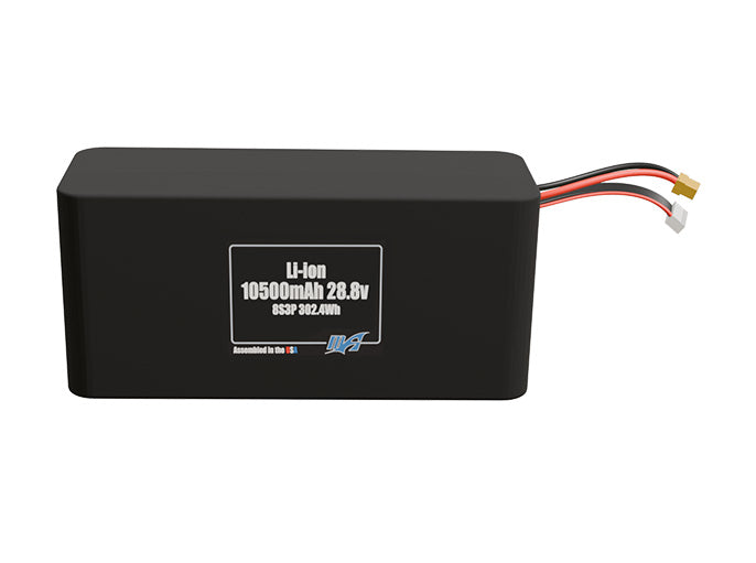 Front-facing render of the 28.8V 10500mAh 8S3P Li-ion battery, assembled in the USA by maxamps, for drone and robotics applications.