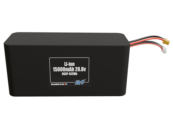 Front-facing render of the 28.8V 15000mAh 8S3P Lithium-Ion battery, assembled in the USA by maxamps, for drone and robotics applications.