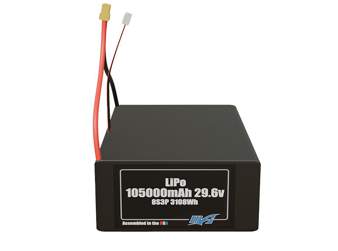 Front-facing render of the 29.6V 105000mAh 8S3P LiPo battery, assembled in the USA by maxamps, for drone and robotics applications.