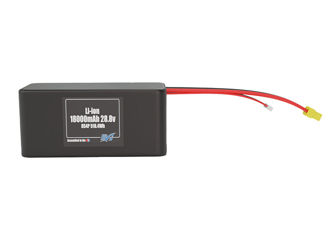 Front-facing render of the 28.8V 18000mAh 8S4P Lithium-Ion battery, assembled in the USA by maxamps, for drone and robotics applications.