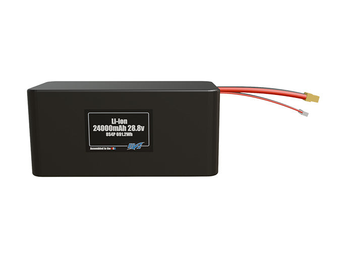 Front-facing render of the 28.8V 24000mAh 8S4P Lithium-Ion battery, assembled in the USA by maxamps, for drone and robotics applications.