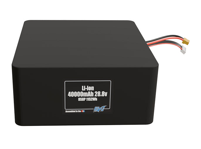 Front-facing render of the 28.8V 40000mAh 8S8P Lithium-Ion battery, assembled in the USA by maxamps, for drone and robotics applications.