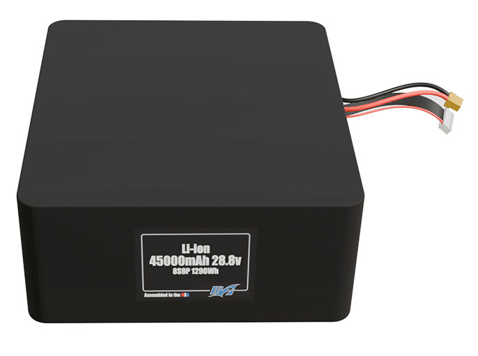 Front-facing render of the 28.8V 45000mAh 8S9P Lithium-Ion battery, assembled in the USA by maxamps, for drone and robotics applications.