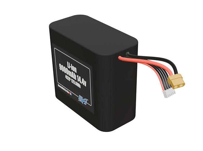 Angled product render of the 9000mAh eight-cell Li-ion pack. A lightweight energy source for UAV, drone, and robotic builds.