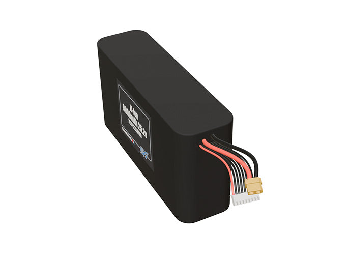 Angled product render of the 9000mAh fourteen-cell Li-ion pack. A lightweight energy source for UAV, drone, and robotic builds.