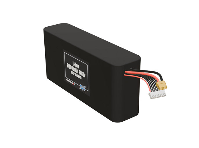 Angled product render of the 9000mAh sixteen-cell Li-ion pack. A lightweight energy source for UAV, drone, and robotic builds.