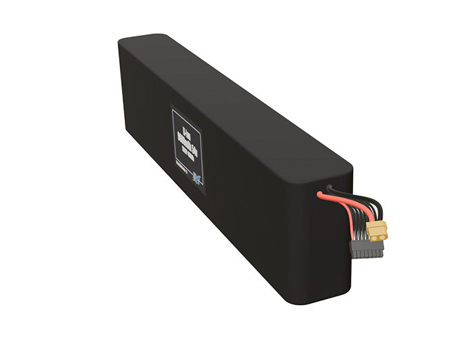 Angled product render of the 9000mAh thirty-cell Li-ion pack. A lightweight energy source for UAV, drone, and robotic builds.