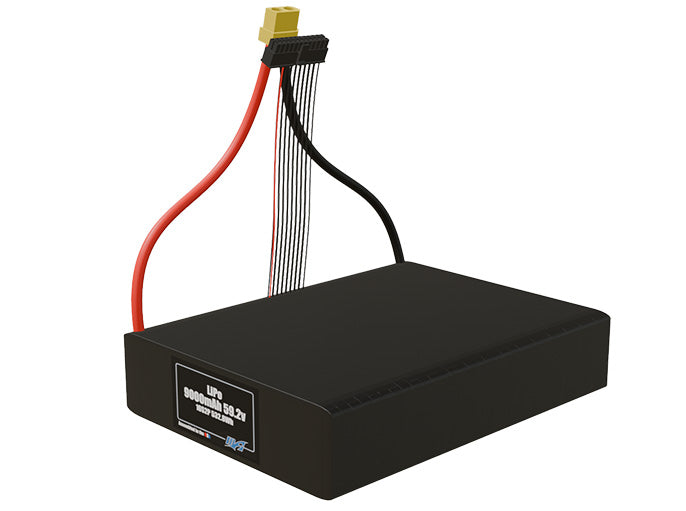 Angled product render of the 9000mAh thirty-two-cell LiPo pack. A lightweight energy source for UAV, drone, and robotic builds.