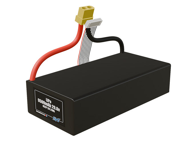 Angled product render of the 9500mAh 16-cell LiPo pack. A lightweight energy source for UAV, drone, and robotic builds.