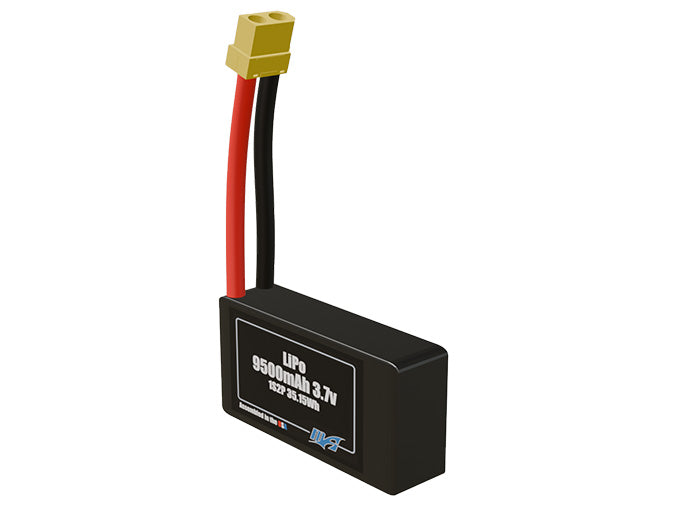 Angled product render of the 9500mAh 2-cell LiPo pack. A lightweight energy source for UAV, drone, and robotic builds.